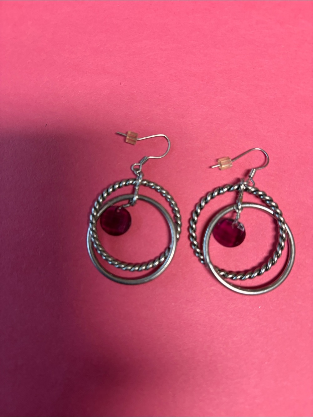 Silver Hoop Drop Earrings with Pink Gem Accent